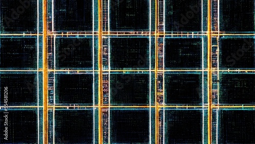 Grid-like digital circuitry, teal-and-orange futuristic abstract CPU circuitry global network atmosphere Sci-fi chic cyberpunk graphic elements generated by Ai