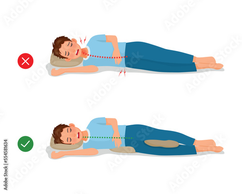 Incorrect and correct neck, spine and knee alignment of young man sleeping body posture
