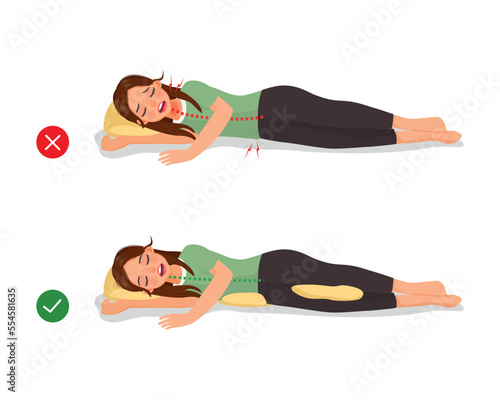 Incorrect and correct neck, spine and knee alignment of young woman sleeping body posture