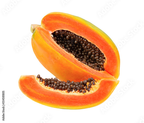 whole and half ripe papaya isolated on transparent png