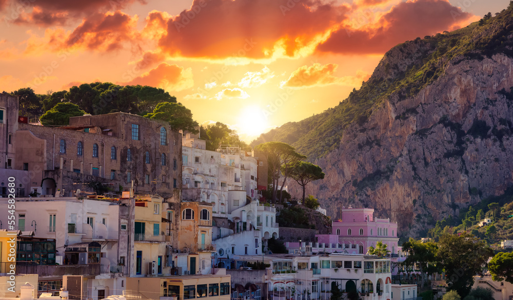 Capri Island in Bay of Naples, Italy. Sunrise Sky Art Render. Touristic Town