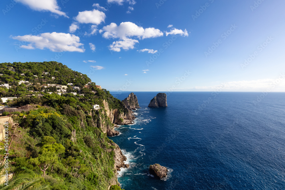 Rocky Coast by Sea at Touristic Town on Capri Island in Bay of Naples, Italy.