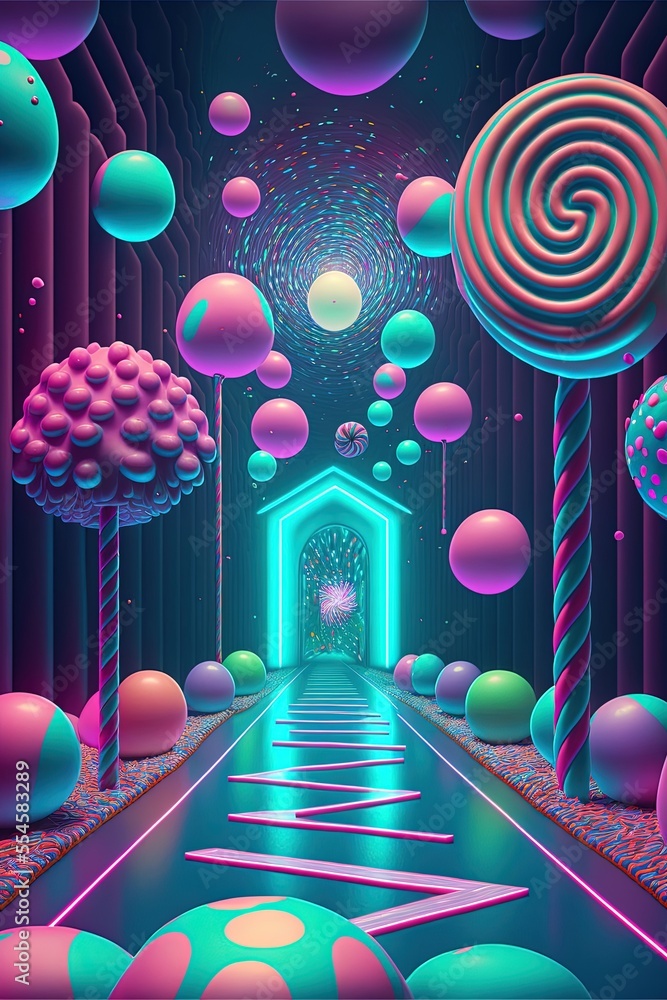 holographic candyland with tron tracers and light ribbons in a digital