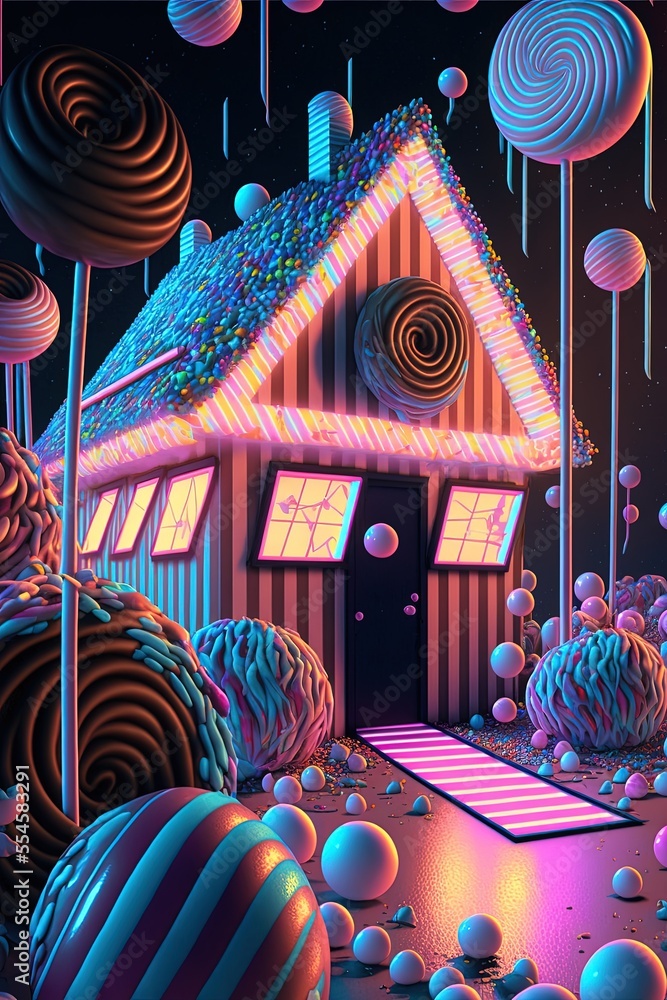 holographic candyland with tron tracers and light ribbons in a digital