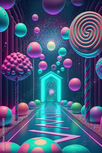 holographic candyland with tron tracers and light ribbons in a digital candy rain storm