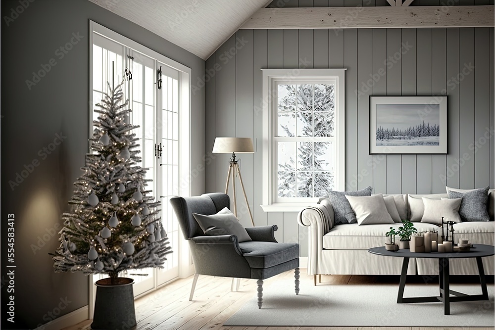 Natural chistmas tree near sofa on the white wall background. Minimal decoration at home