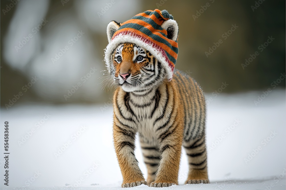 adorable cute baby tiger cub wearing Christmas hat and scarf, full body,  side view, standing in the snow Stock Illustration