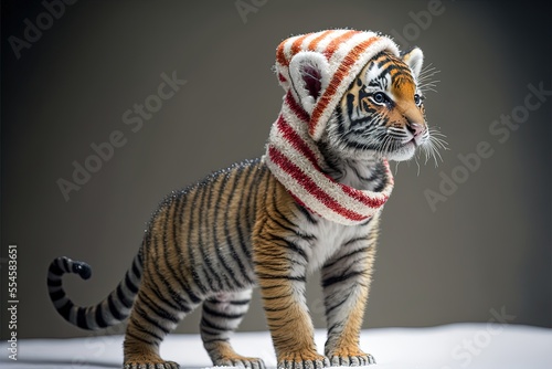 adorable cute baby tiger cub wearing Christmas hat and scarf  full body  side view  standing in the snow