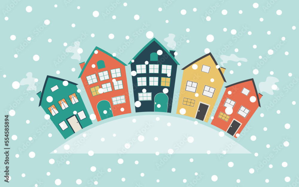 Colorful cute houses and snowfall. Winter postcard with buildings with copy space for text. Horizontal blue background. Vector.