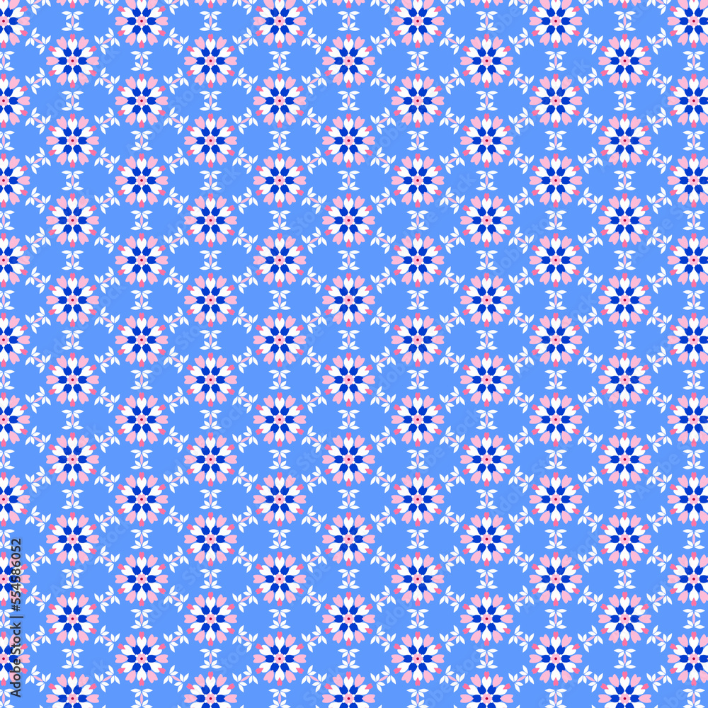 Abstract mosaic pattern with white pink stylized organic and geometric motifs on a light blue ground Abstract mosaic pattern with white pink stylized organic and geometric motifs on a light blue ground