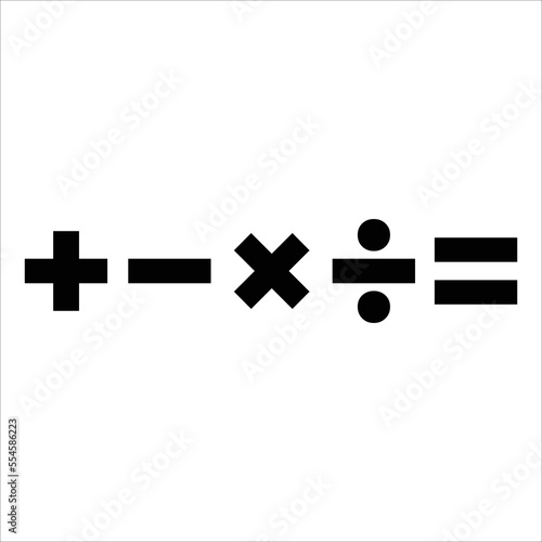 Basic Mathematics symbols for arithmetic operations: plus, minus, multiply, divide, and equal to photo