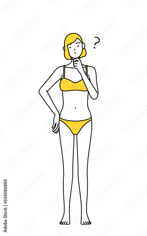 疑問を持つ下着姿の女性、脱毛やエステサロンのイメージ