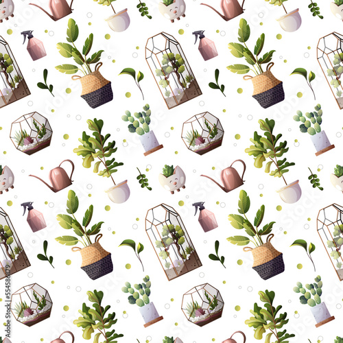 Seamless pattern with houseplants. Florarium, home garden, greenhouse, gardening, plant lover concept. Vector illustration.