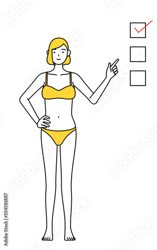 チェックリストを指さす下着姿の女性、脱毛やエステサロンのイメージ