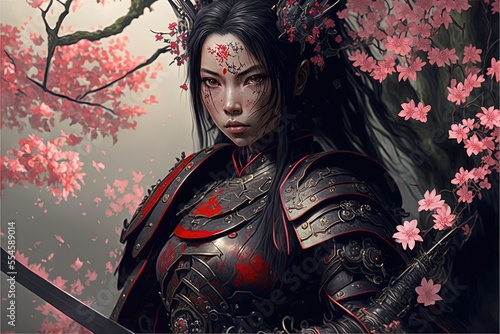 AI Generated Samurai in Bloom: Japanese Art IllustrationThis stunning illustration was generated by artificial intelligence and features a samurai woman standing behind a sakura tree in full bloom. 