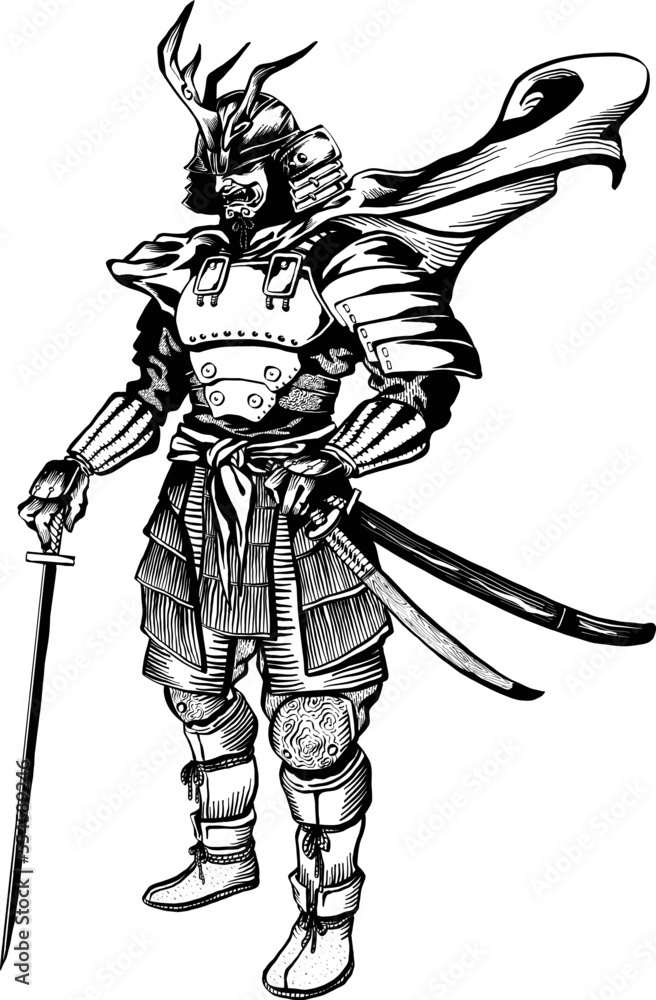 Obraz premium Samurai warrior with swords and clothes tattoos idea design black and white