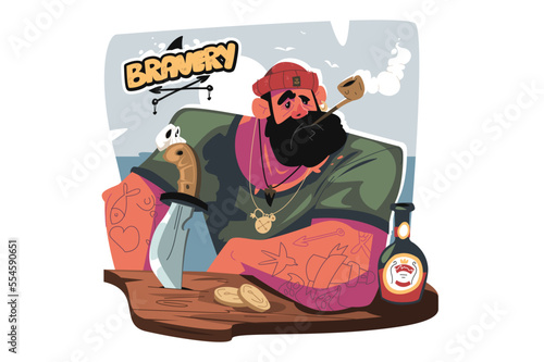 Bearded man sailor smoking pipe