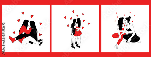 Set of three Female characters looking at each other. Lesbian couple in love. Concept of female tenderness and passion. LGBT romantic relationship	