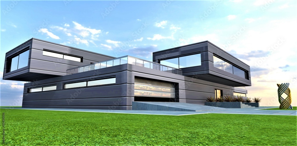 Fototapeta premium Garage and porch of the contemporary country dwelling constructed on the amazing lawn in an ecologicaly clean region. 3d rendering.