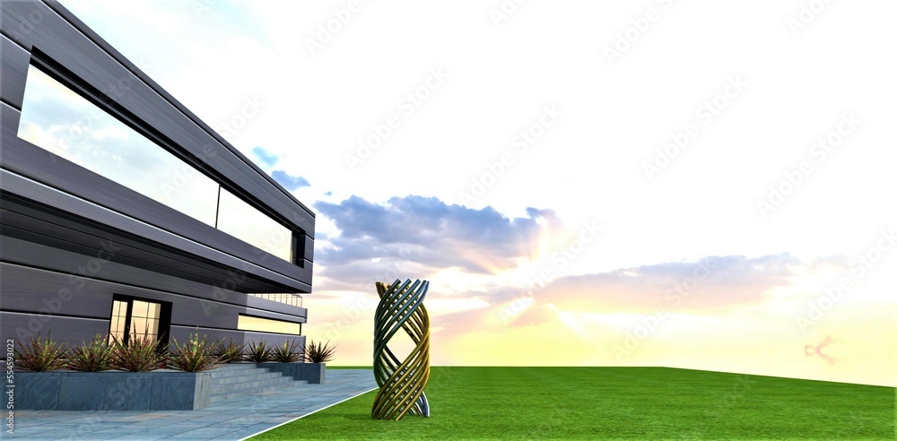Porch of the suburban house with plants near the entrance. An installation made of gold ana silver is on the lawn near the estate. 3d rendering.