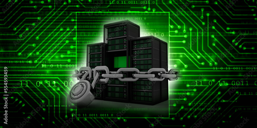 Fototapeta premium 3d illustration Data center server protection lock 