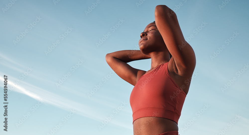 Freedom, fitness and black woman in nature for running, sports training and relax against a blue sky in South Africa. Wellness, peace and calm African runner with zen from an outdoor cardio workout - obrazy, fototapety, plakaty 