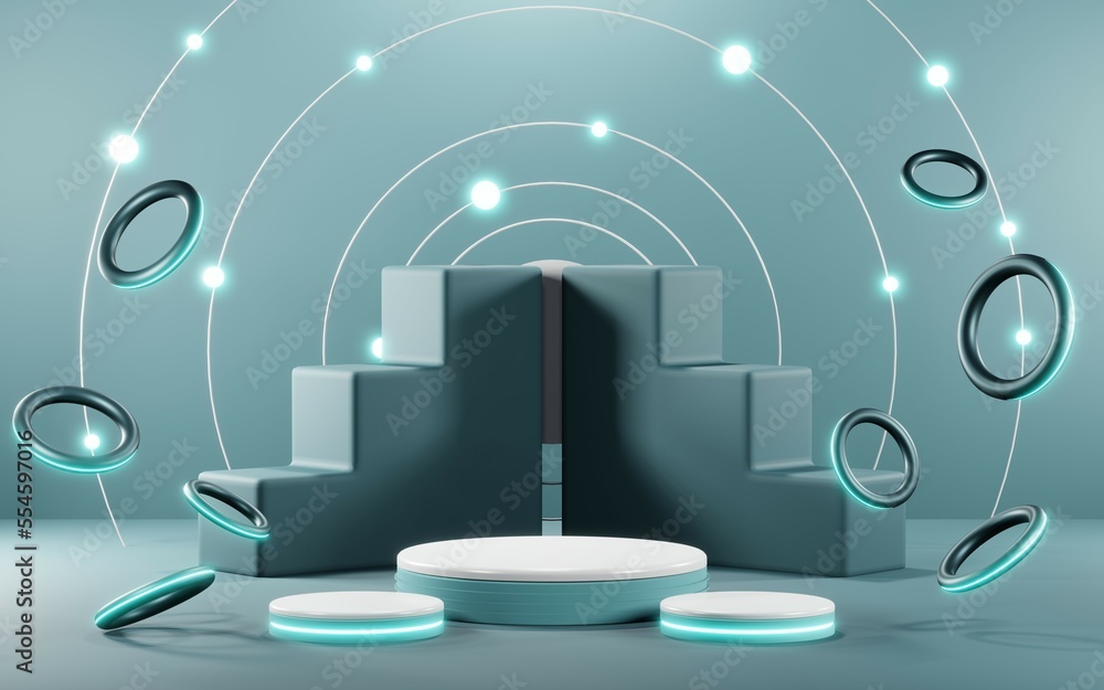 3D render of Podium background in blue tones for displaying cream products. cosmetics