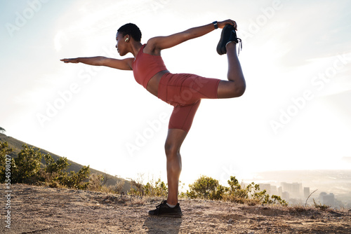 Yoga stretching, fitness and black woman training for health, exercise and running on the mountain in Nepal. Pilates, flexibility and African athlete in nature for a workout, sports or cardio