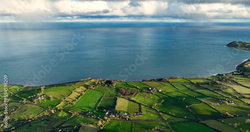 Aerial view of clouds over Ballygally on Co Antrim coastline Northern Ireland photo