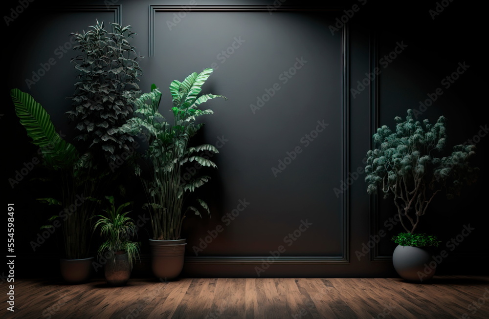 Fototapeta premium Minimal style interior with big dark . Dark wall empty room with plants on a floor