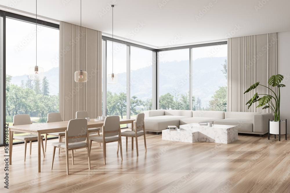 Fototapeta premium Light living room interior with eating table and couch, panoramic window