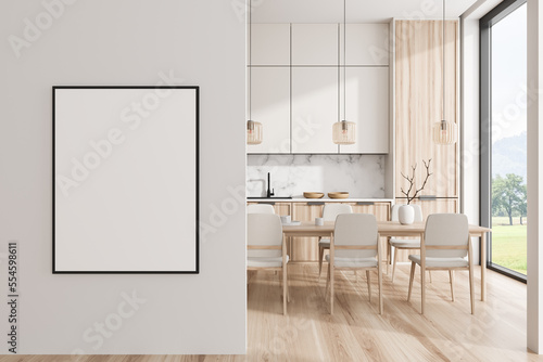 Light kitchen interior with eating table and shelves near window. Mockup frame
