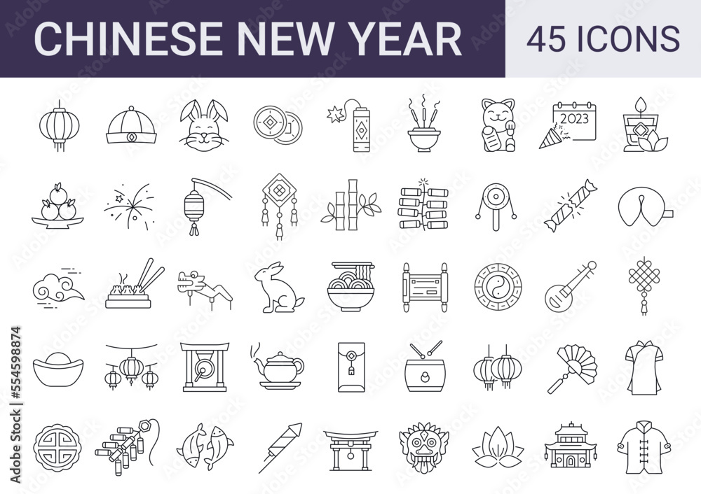 Set of 45 Chinese New Year line  icons. outline editable stroke icons collection. traditional chinese holiday topic. Vector illustration