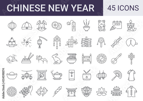 Set of 45 Chinese New Year line  icons. outline editable stroke icons collection. traditional chinese holiday topic. Vector illustration