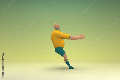 An athlete wearing a yellow shirt and green pants. He is pulling or pushing something. 3d rendering of cartoon character in acting.