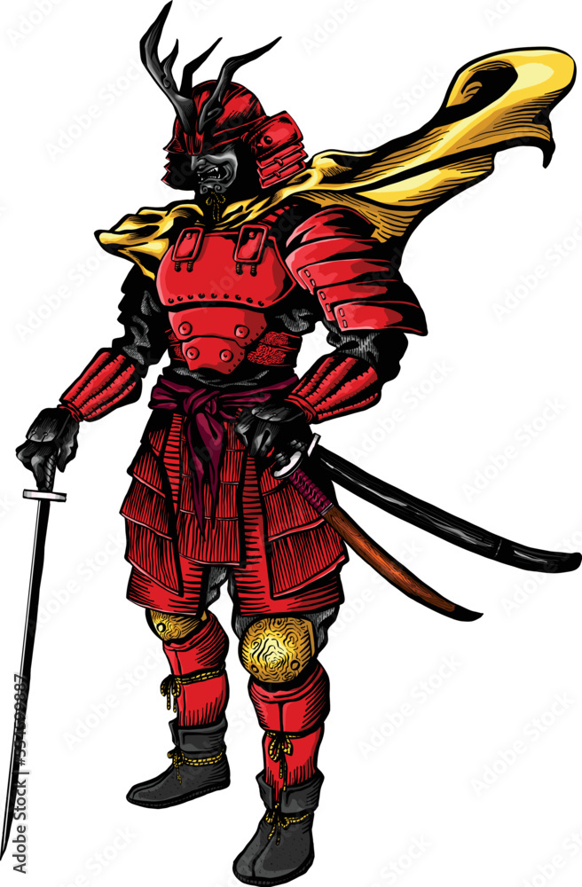 Samurai warrior with swords and clothes tattoos idea design colorful