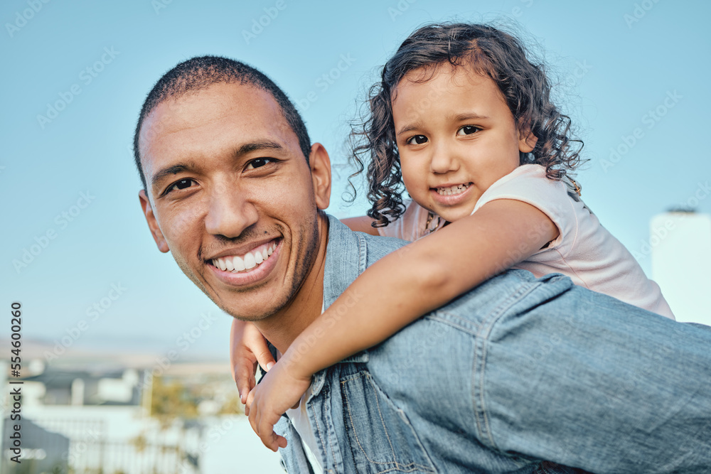 Father, child hug and happiness portrait or piggyback for relax, travel vacation or fun summer together outdoor. Family, quality time bonding and happy smile for freedom, love and hugging in nature