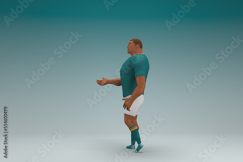 Fototapeta Naklejka Na Ścianę i Meble -  An athlete wearing a green shirt and white pants  is expression of hand when talking. 3d rendering of cartoon character in acting.
