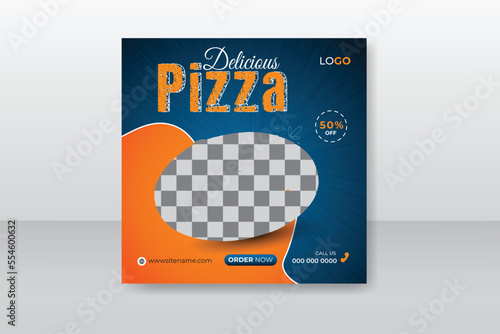 Delicious pizza social media post design for restaurant, food social media promotion and post design template with abstract shapes