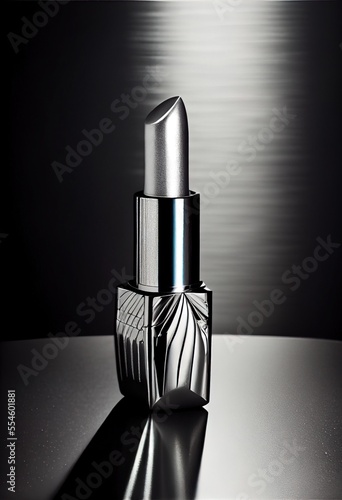  a silver lipstick bottle sitting on a table with a black background and a white light shining on it's side. Generative AI