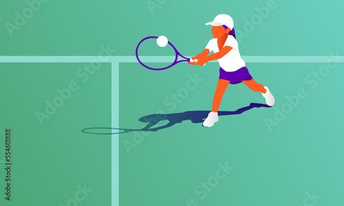 Child playing tennis on court. Little girl with tennis racket and ball in sport club