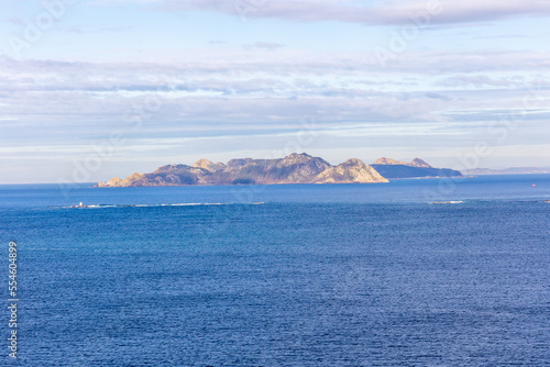 view from the top of the Monteferro mountain with the Cies islands in the background in Nigran, Galicia, Spain