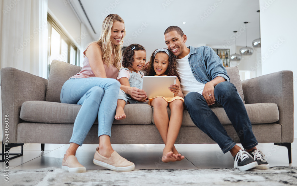 Happy family, tablet and sofa with children for movie, games and online video watch together with love, care and home education in living room. Diversity parents with kids on digital technology app Happy family, tablet and sofa with children for movie, games and online video watch together with love, care and home education in living room. Diversity parents with kids on digital technology app