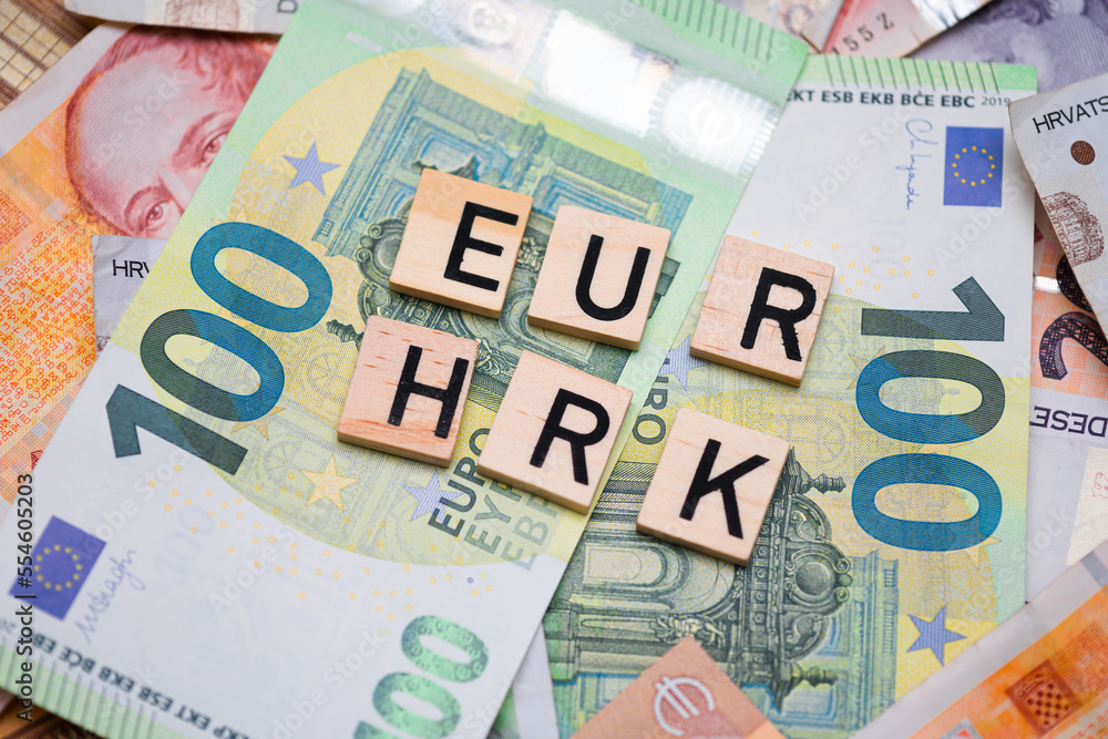 The inscription EUR HRK, i.e. the Euro to Kuna exchange rate. Croatia adopts the euro and joins the euro zone The inscription EUR HRK, i.e. the Euro to Kuna exchange rate. Croatia adopts the euro and joins the euro zone
