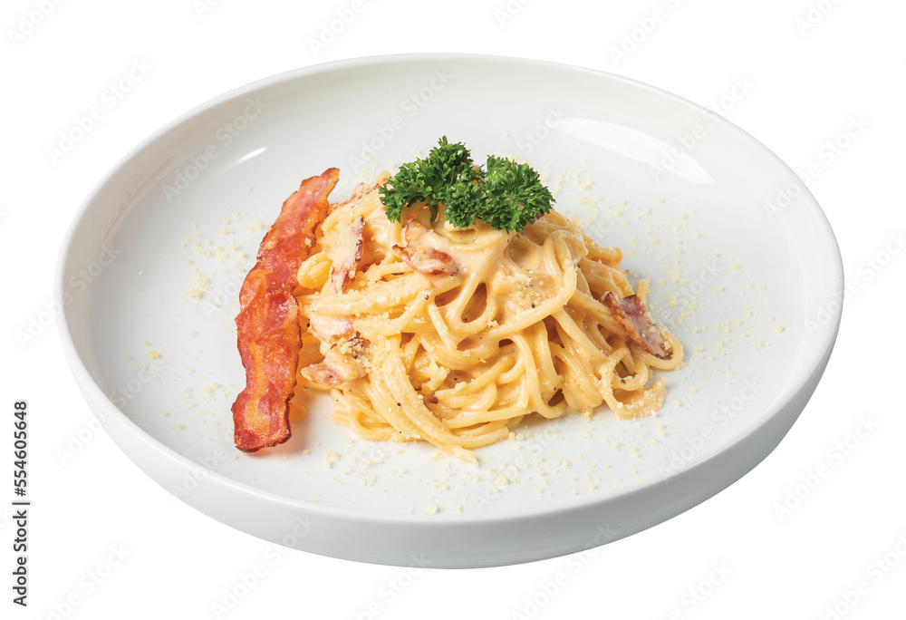 Png Spaghetti carbonara with egg or Classic homemade carbonara pasta with, egg, hard parmesan cheese and cream sauce. Italian cuisine. Spaghetti alla carbonara.	