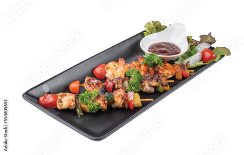 Png Pork, chicken, shrimp, grilled and vegetables isolated on white background, bbq pork, chicken, shrimp