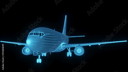 3D rendering illustration aeroplane blueprint glowing neon hologram futuristic show technology security for premium product business finance  transportation