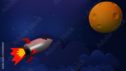3d cartoon style small spaceship Toy rocket rocket. Rocket launch.