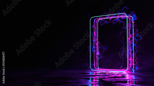 3D, blue pink neon square frame smog background space background ultraviolet light 80's retro style