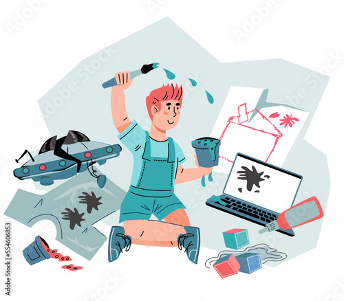 Child plays carelessly and makes a mess. Child is not accustomed to discipline and order, naughty, hyperactive and with behavioral problems, flat vector illustration isolated on white background.